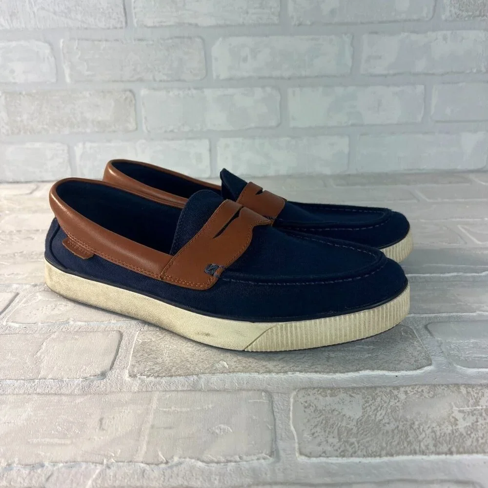 Cole Haan Mens 9.5 M Nantucket 2.0 Navy Blue Brown Canvas Slip On Penny Loafer